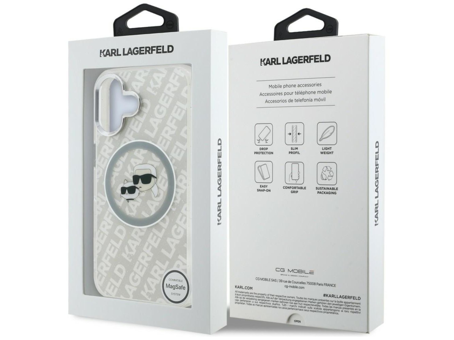 Capa MagSafe para iPhone 16 com estampa de Karl Lagerfeld IML Glitter Karl & Choupette Heads - Cinza