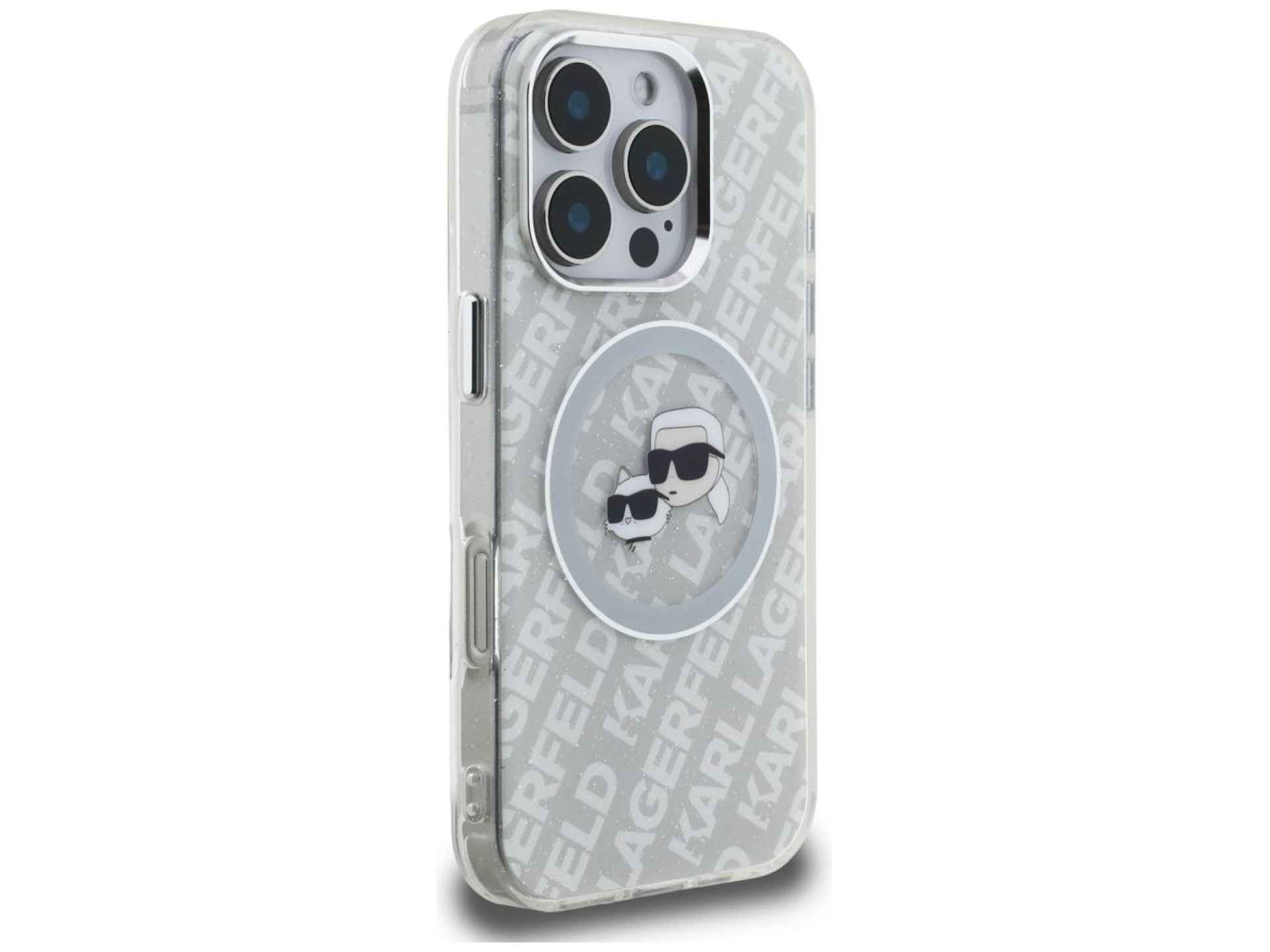 Karl Lagerfeld IML Glitter Karl & Choupette Heads Logo MagSafe Case for iPhone 16 Pro - Gray