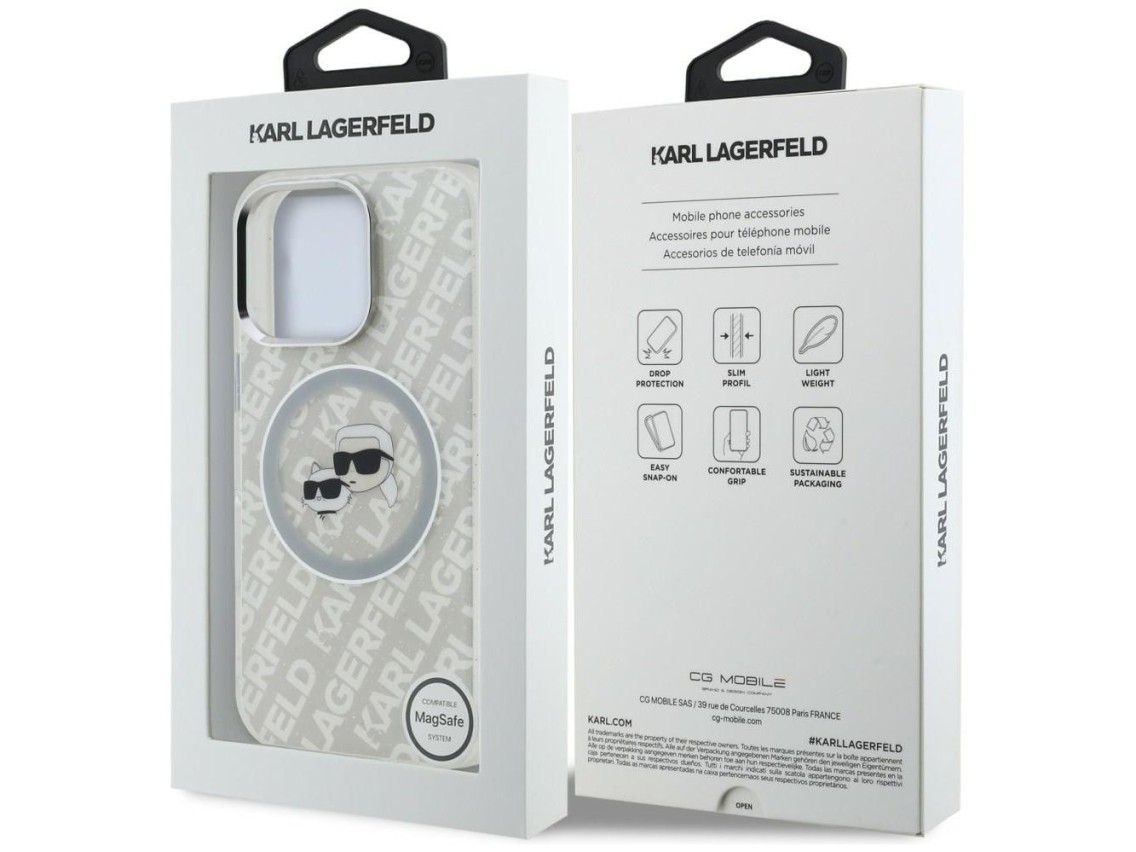 Karl Lagerfeld IML Glitter Karl & Choupette Heads Logo MagSafe Case for iPhone 16 Pro - Gray