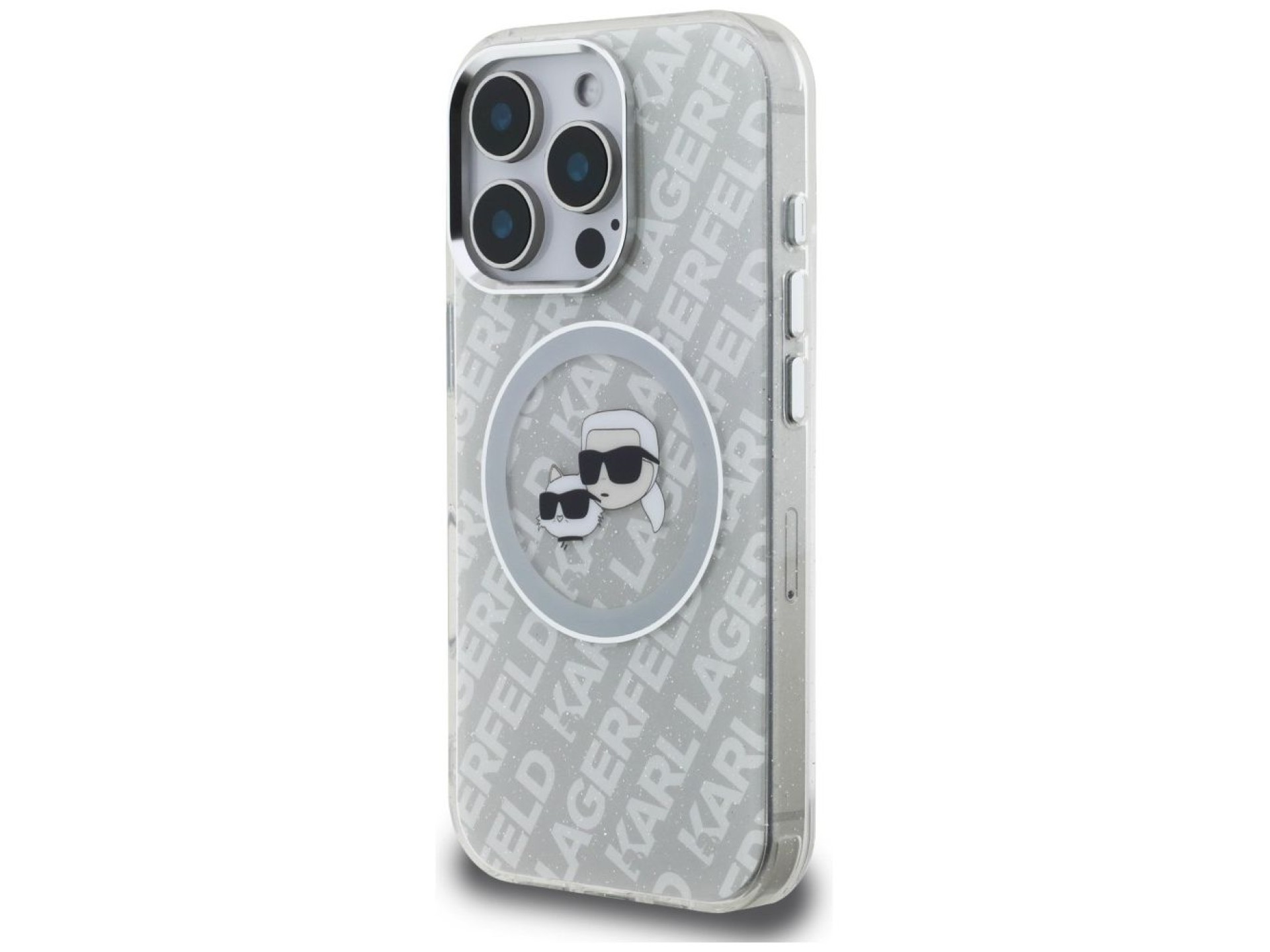 Karl Lagerfeld IML Glitter Karl & Choupette Heads Logo MagSafe Case for iPhone 16 Pro - Gray