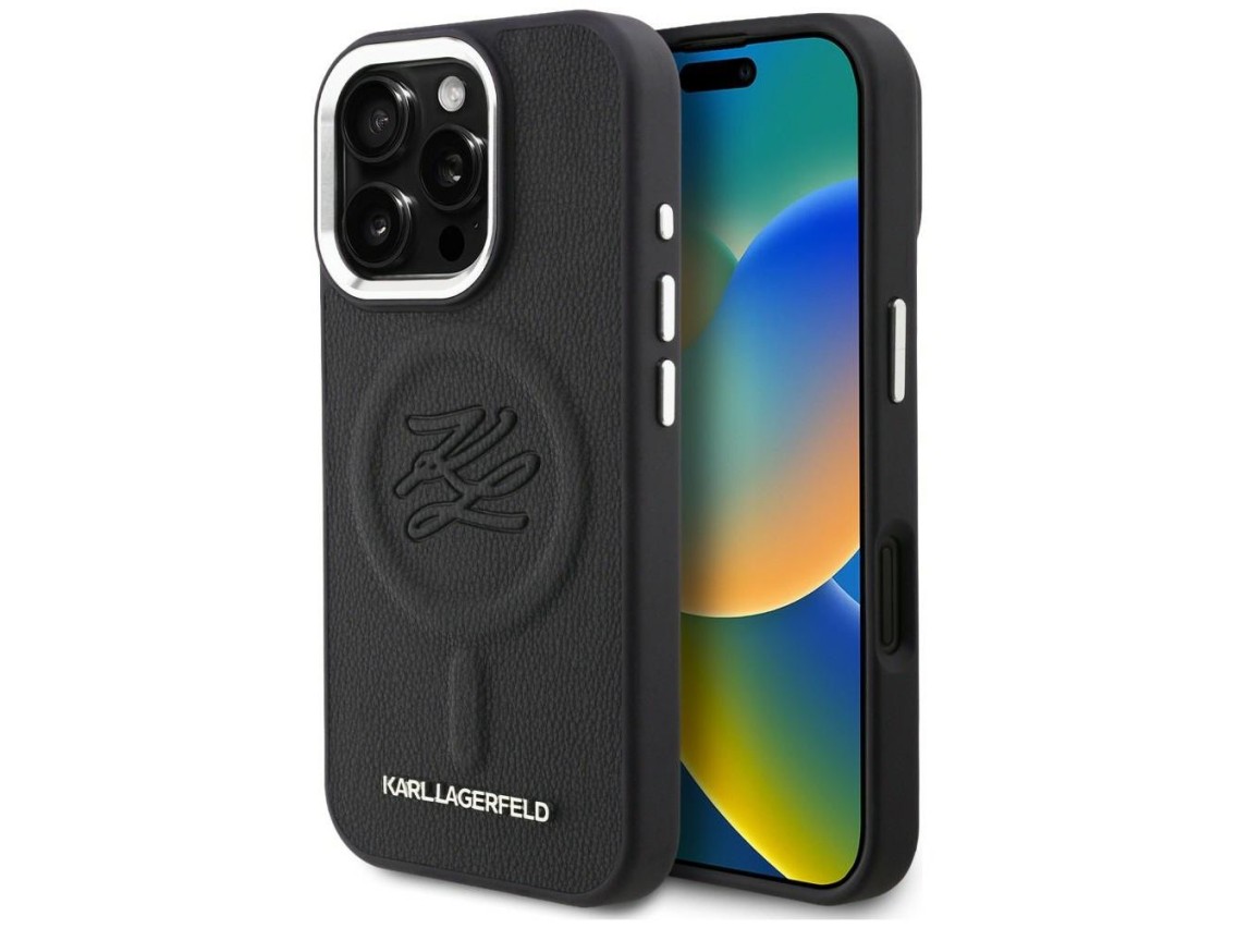 Funda MagSafe con iniciales y logotipo metálico de Karl Lagerfeld para iPhone 16 Pro - Negra