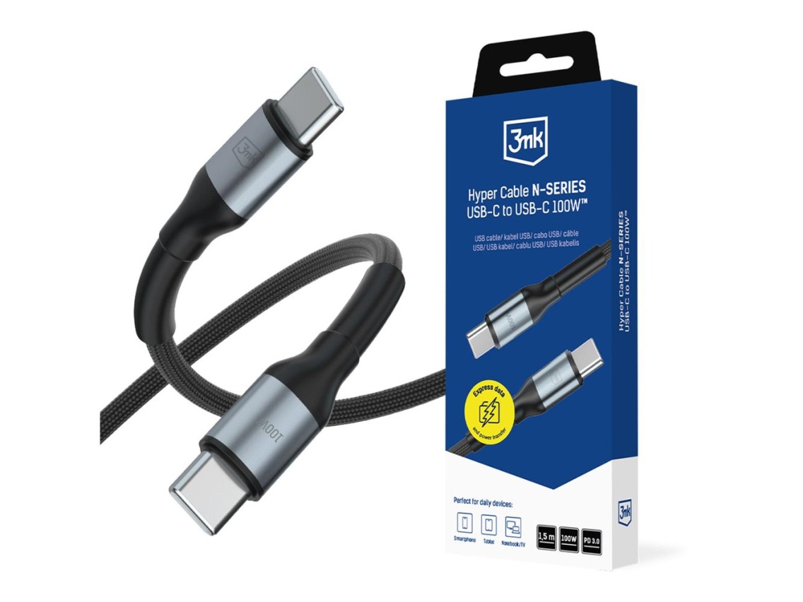 Cabo 3mk Hyper N-SERIES USB-C / USB-C 1,5m PD 3.0 QC 3.0 20V / 5A 100W - preto