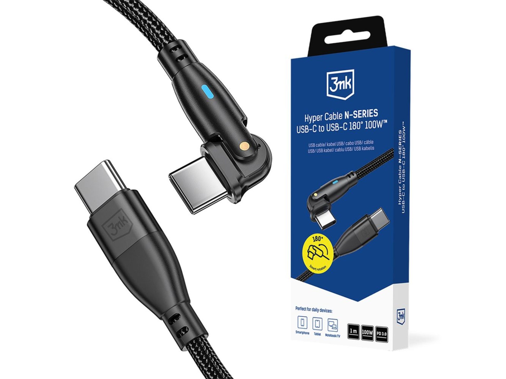 Cable 3mk Hyper N-SERIES USB-C / USB-C 1m PD 3.0 QC 3.0 20V / 5A 100W - negro