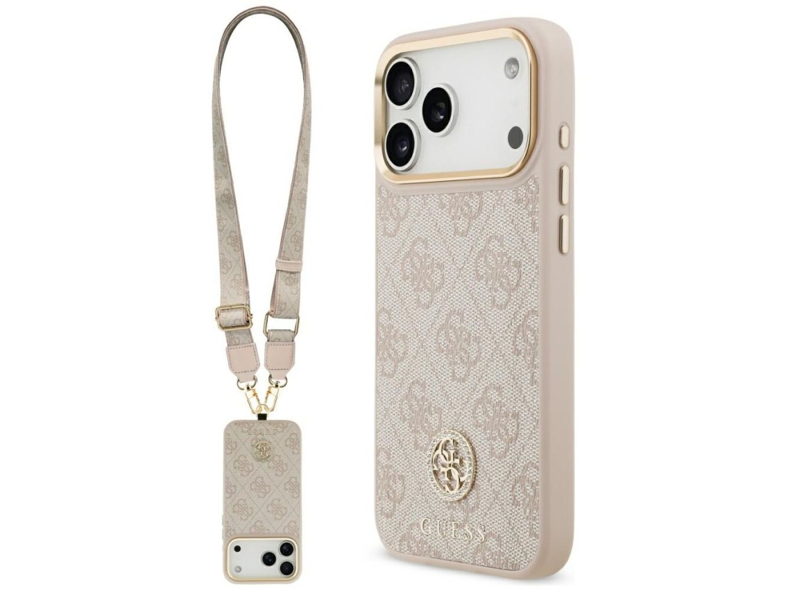 Capa Guess 4G Strass Logo e Big Strap com Botões Metálicos e MagSafe para iPhone 17 Pro Max - Rosa
