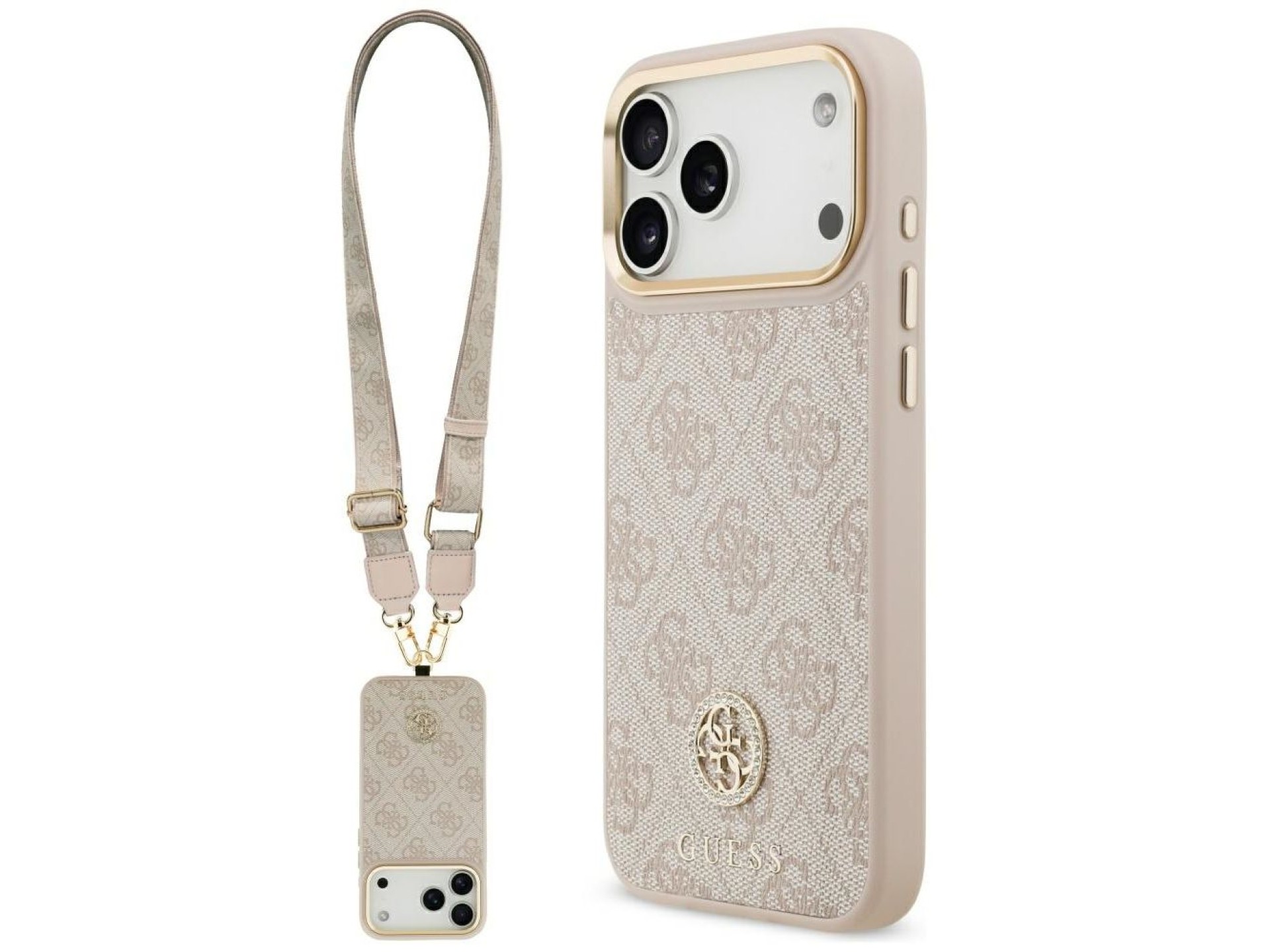 Capa Guess 4G Strass Logo e Big Strap com Botões Metálicos e MagSafe para iPhone 17 Pro Max - Rosa