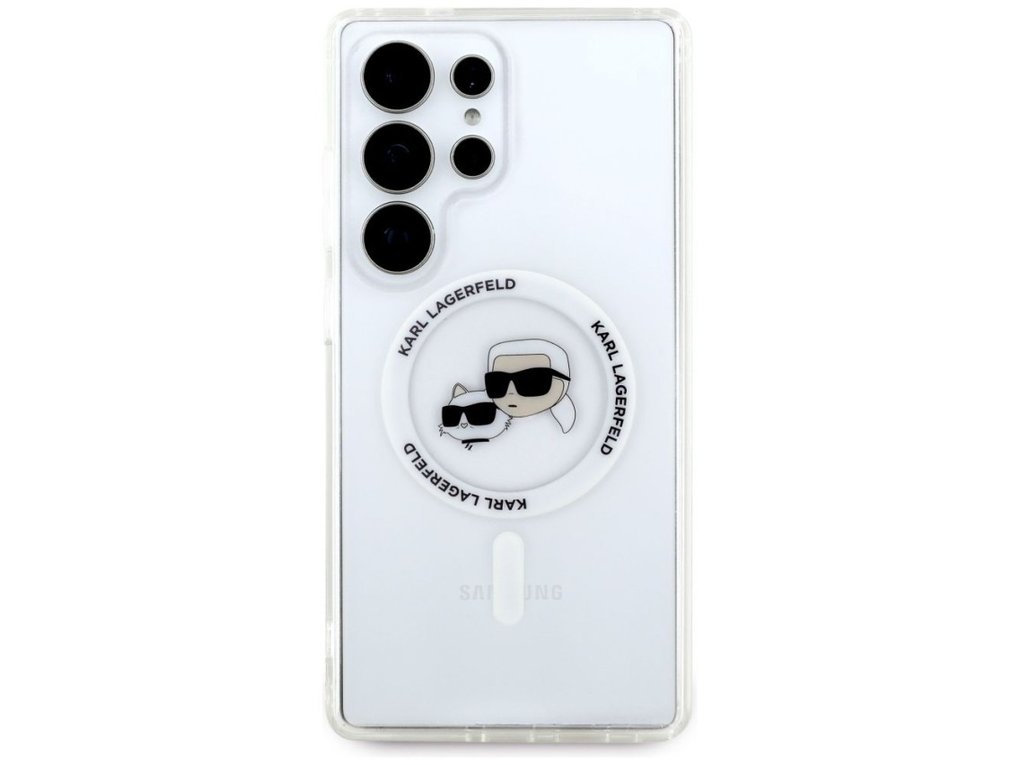 Capa Karl Lagerfeld com botão, logotipo impresso das cabeças de Karl e Choupette, MagSafe para Samsu