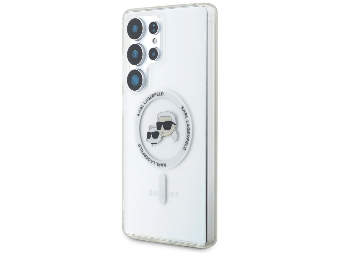 Capa Karl Lagerfeld com botão, logotipo impresso das cabeças de Karl e Choupette, MagSafe para Samsu