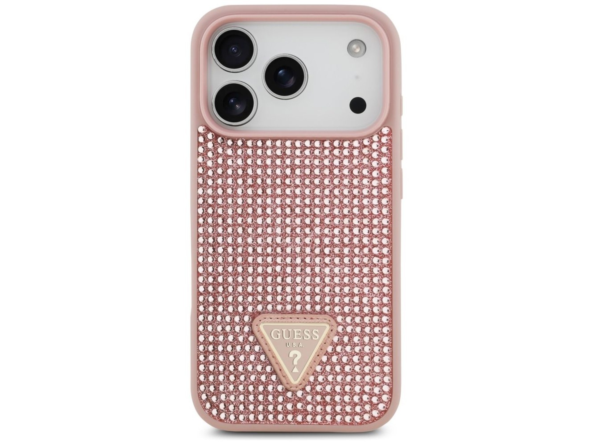 Capa para iPhone 17 Pro com logo triangular cravejado de strass da Guess - Rosa
