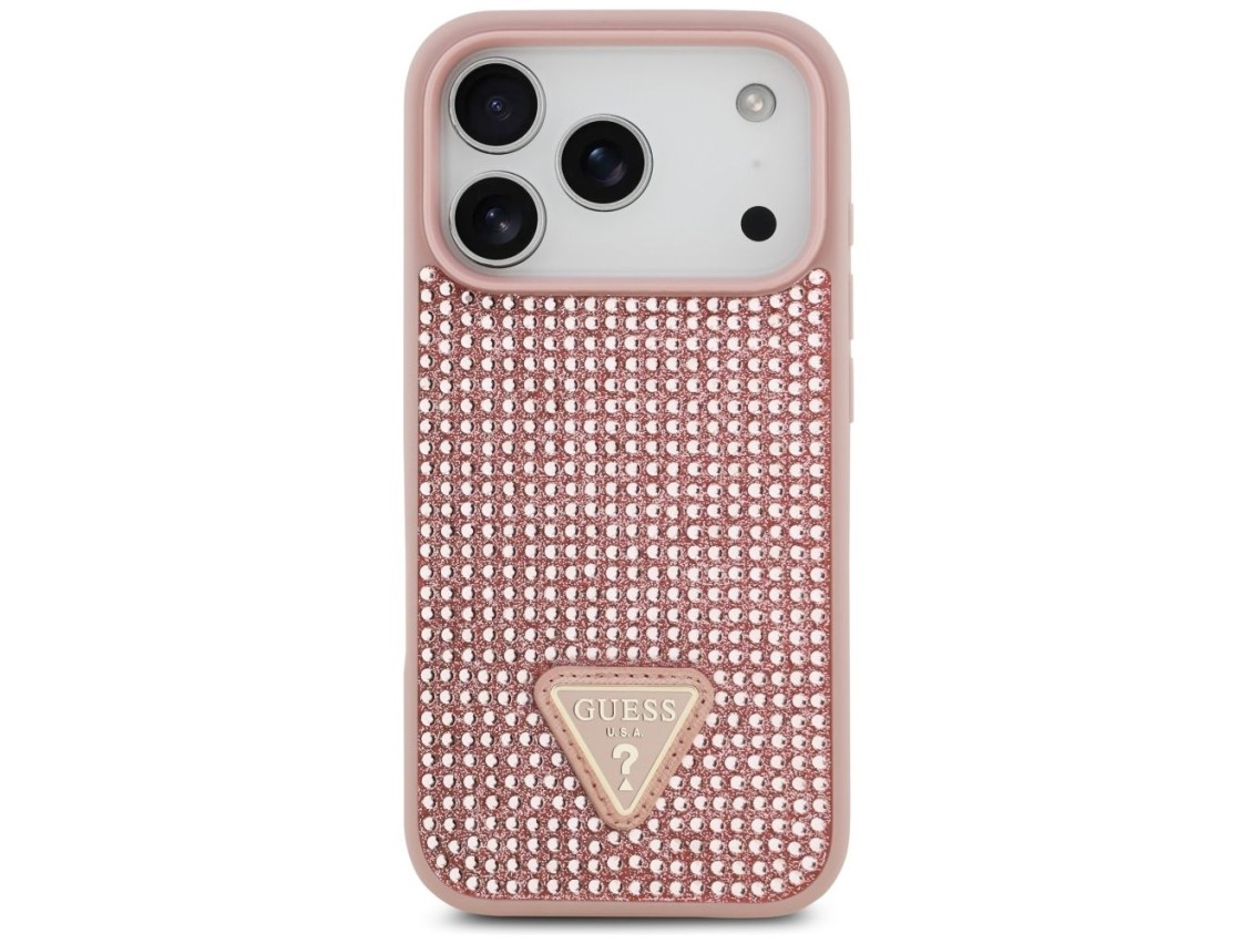 Capa para iPhone 17 Pro com logo triangular cravejado de strass da Guess - Rosa