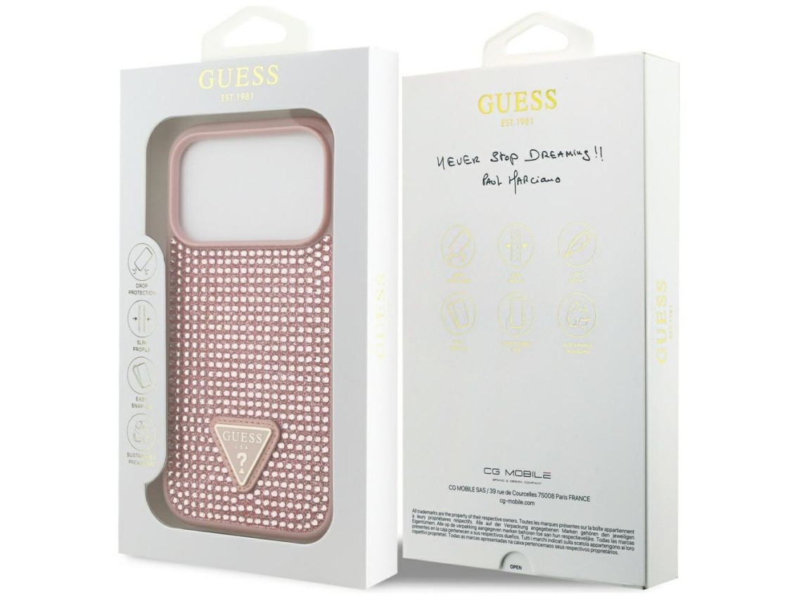 Capa para iPhone 17 Pro com logo triangular cravejado de strass da Guess - Rosa