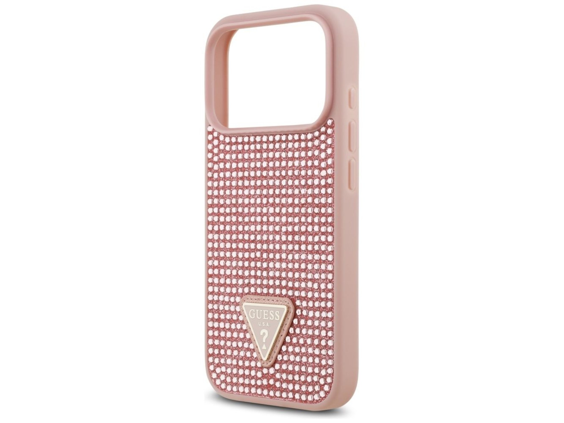 Capa para iPhone 17 Pro com logo triangular cravejado de strass da Guess - Rosa