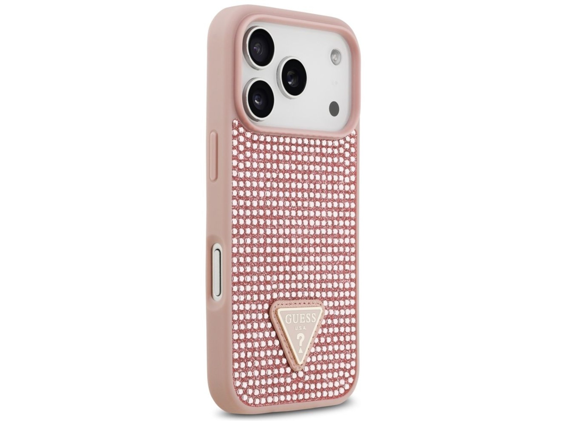 Capa para iPhone 17 Pro com logo triangular cravejado de strass da Guess - Rosa