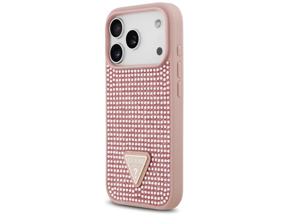 Capa para iPhone 17 Pro com logo triangular cravejado de strass da Guess - Rosa