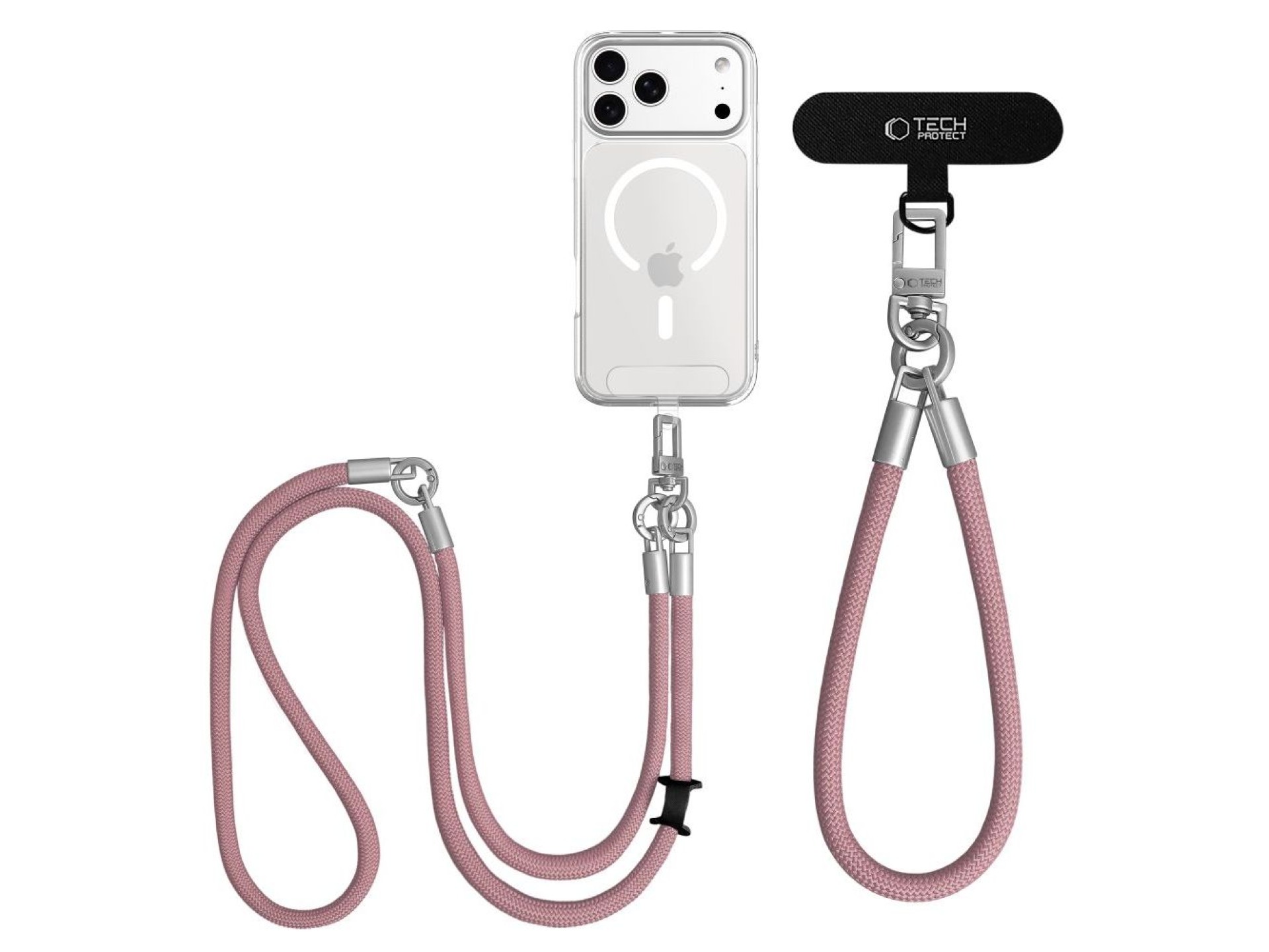 Cordón cruzado para teléfono Tech-Protect C10S (114 cm) + Correa de muñeca (31 cm) - Titanio rosa