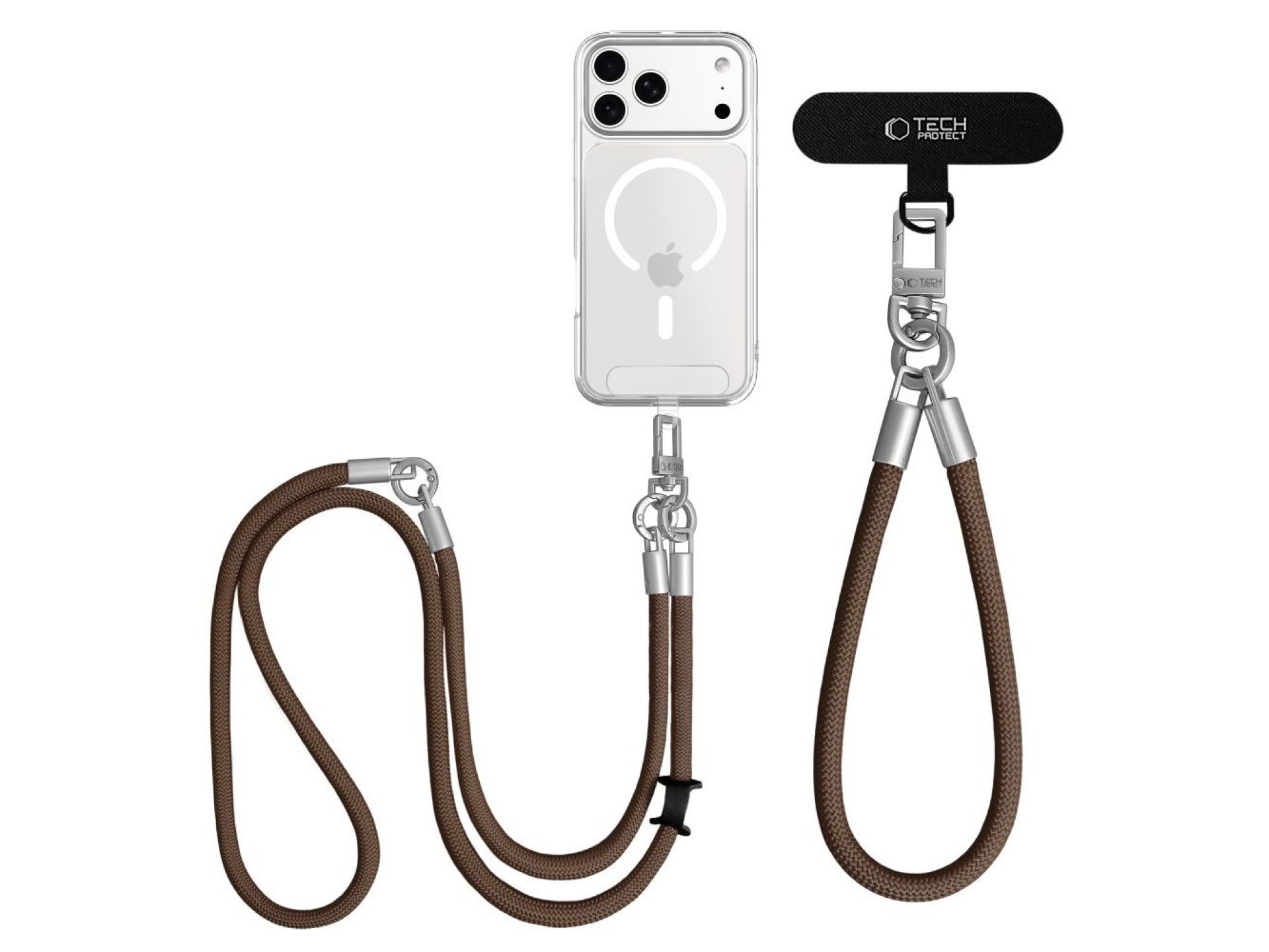 Cordão transversal para celular Tech-Protect C10S (114 cm) + alça de pulso (31 cm) - marrom-titânio