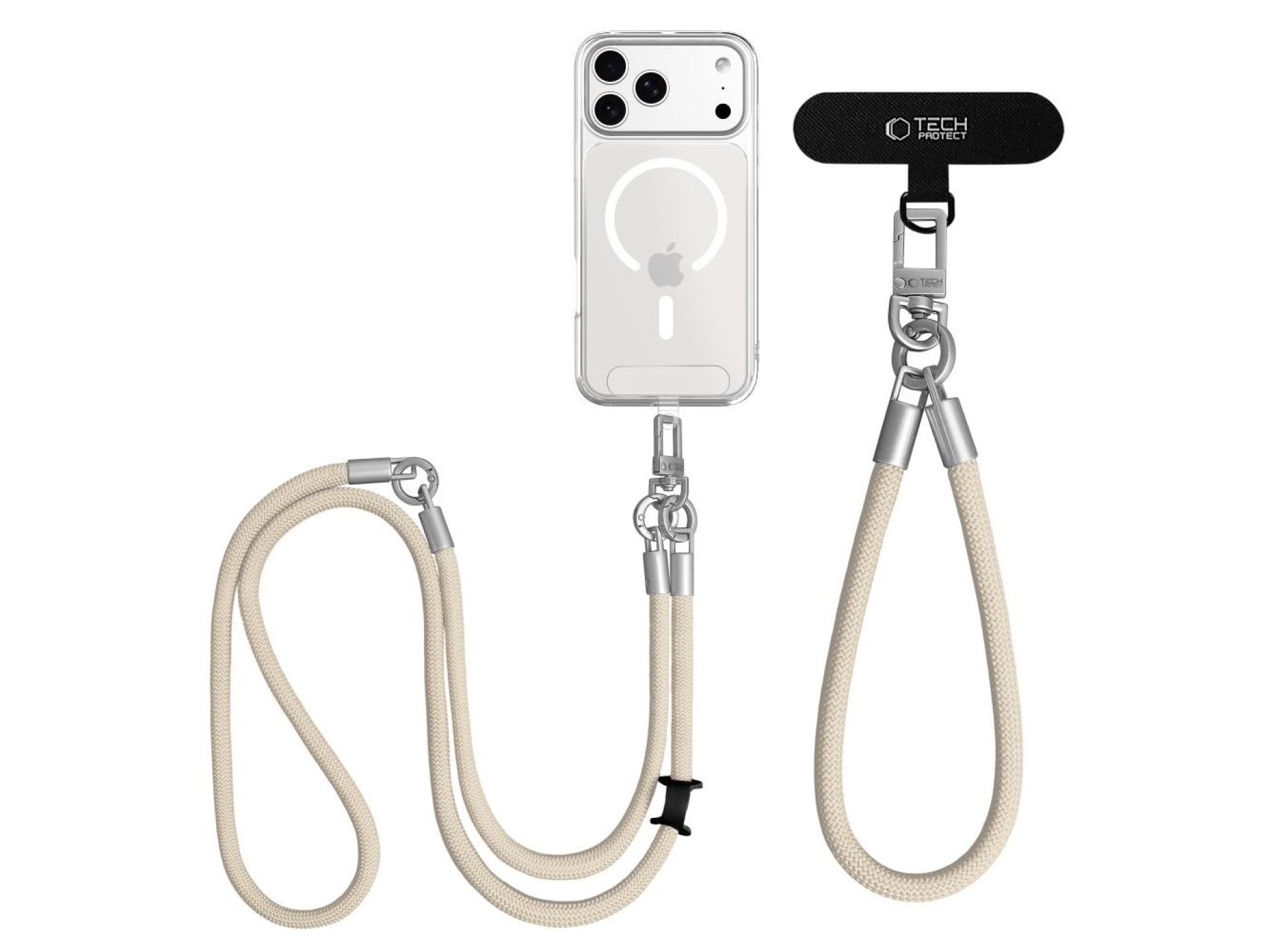 Cordón cruzado para teléfono Tech-Protect C10S (114 cm) + Correa de muñeca (31 cm) - Titanio beige