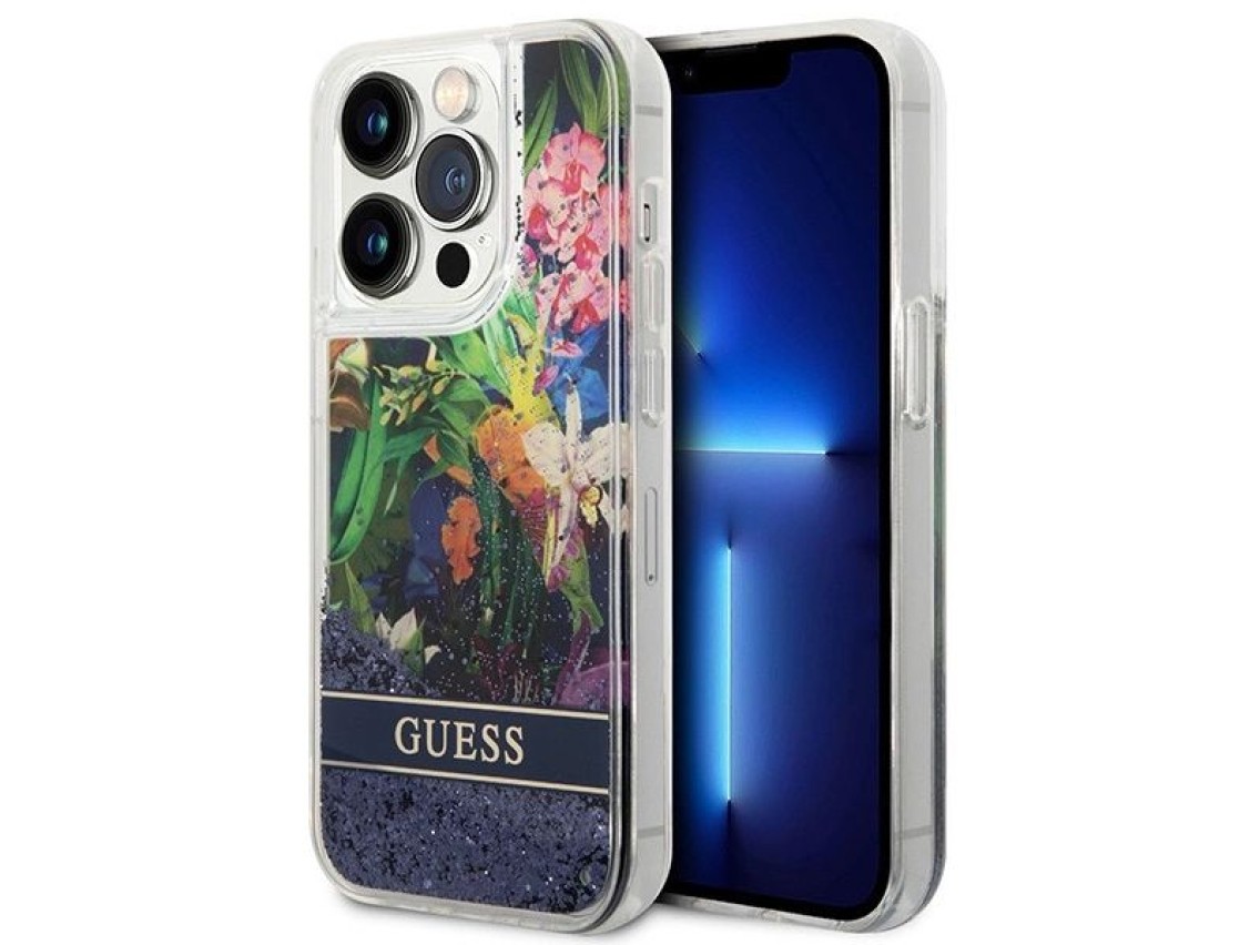 Guess GUHCP14LLFLSB iPhone 14 Pro 6.1 "azul / capa rígida azul com glitter líquido floral