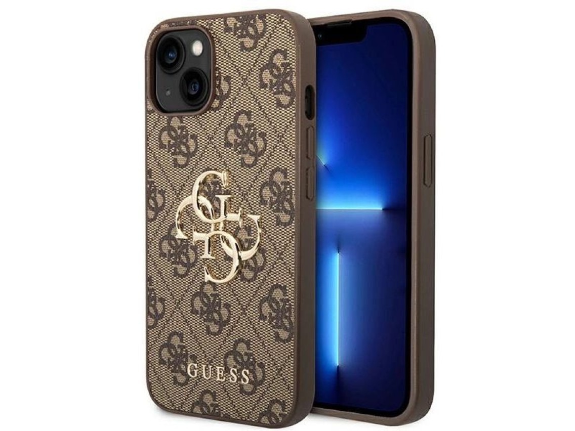 Capa Guess 4G com logo grande em metal para iPhone 14 - Marrom