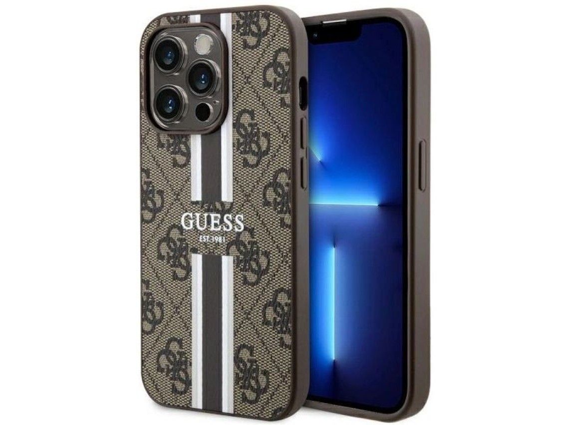 Capa rígida Guess GUHMP14LP4RPSW para iPhone 14 Pro de 6,1" marrom/marrom com listras impressas, com