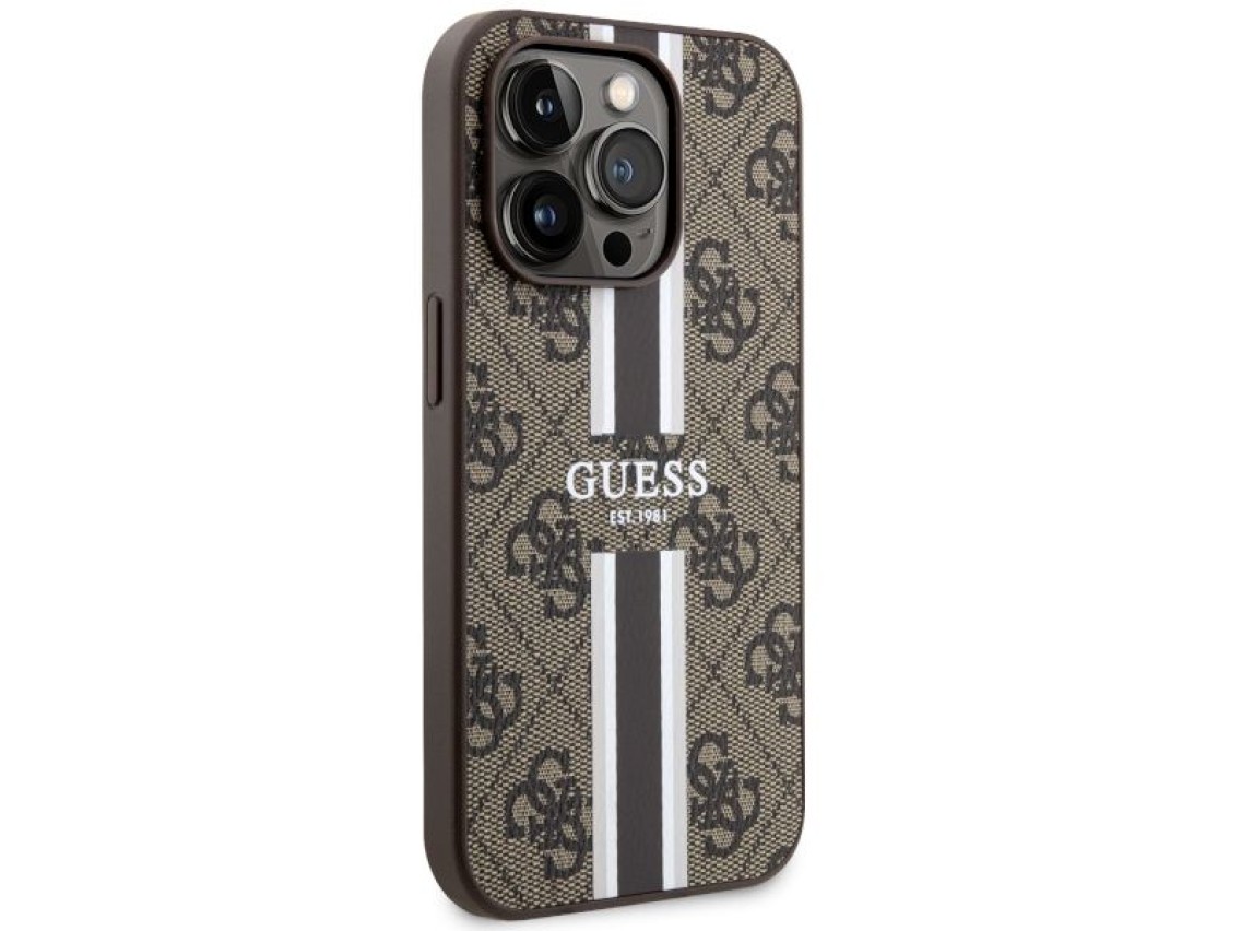 Capa rígida Guess GUHMP14LP4RPSW para iPhone 14 Pro de 6,1" marrom/marrom com listras impressas, com