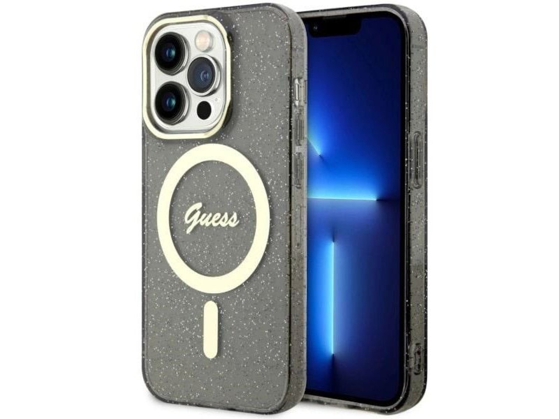 Capa rígida preta/preta com glitter dourado e MagSafe Guess GUHMP14LHCMCGK para iPhone 14 Pro de 6,1