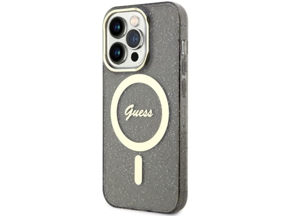 Capa rígida preta/preta com glitter dourado e MagSafe Guess GUHMP14LHCMCGK para iPhone 14 Pro de 6,1