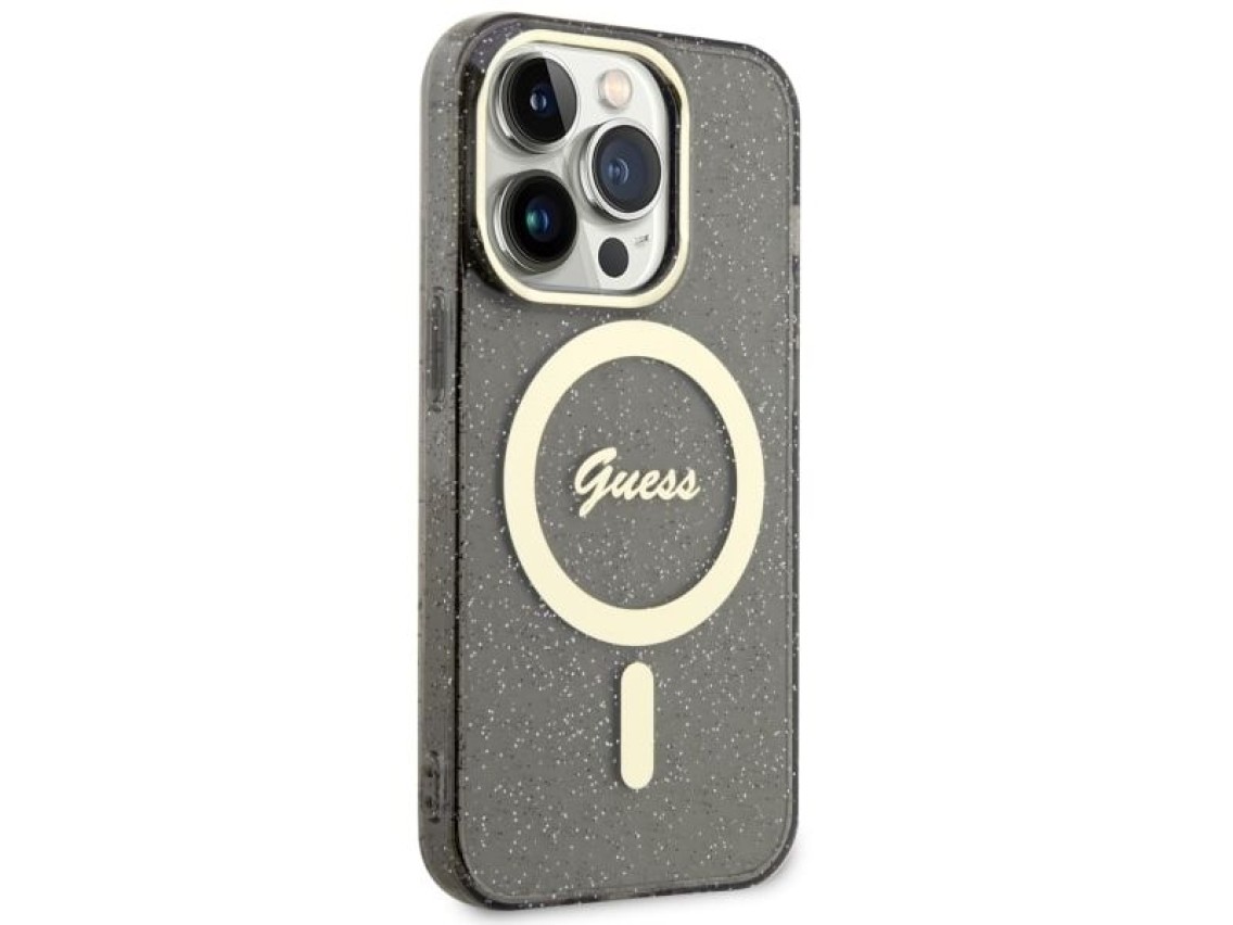 Capa rígida preta/preta com glitter dourado e MagSafe Guess GUHMP14LHCMCGK para iPhone 14 Pro de 6,1