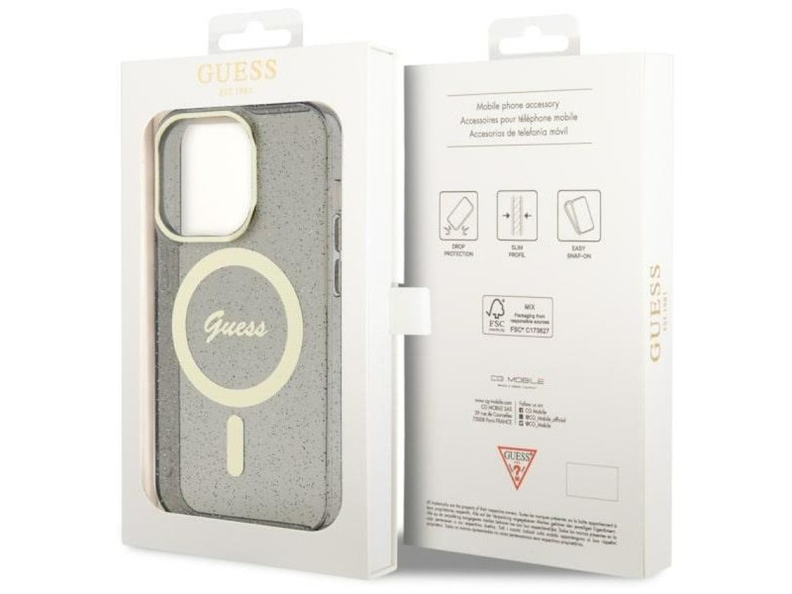Capa rígida preta/preta com glitter dourado e MagSafe Guess GUHMP14LHCMCGK para iPhone 14 Pro de 6,1