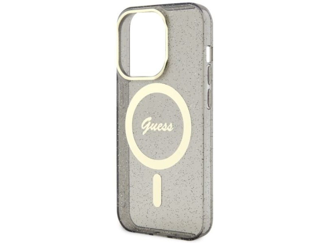 Capa rígida preta/preta Guess GUHMP14XHCMCGK para iPhone 14 Pro Max 6.7" com glitter dourado e MagSa