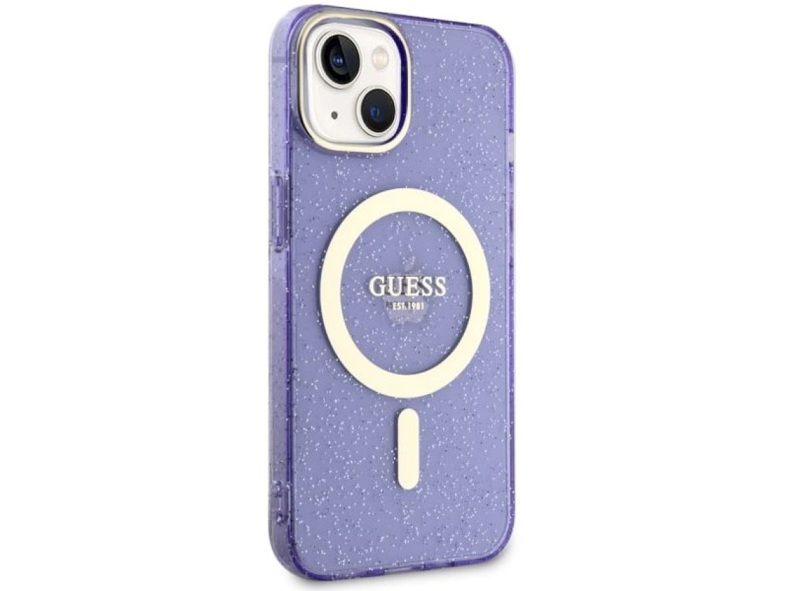 Capa rígida Guess GUHMP14MHCMCGU para iPhone 14 Plus 6.7" roxa/roxa com glitter dourado e MagSafe