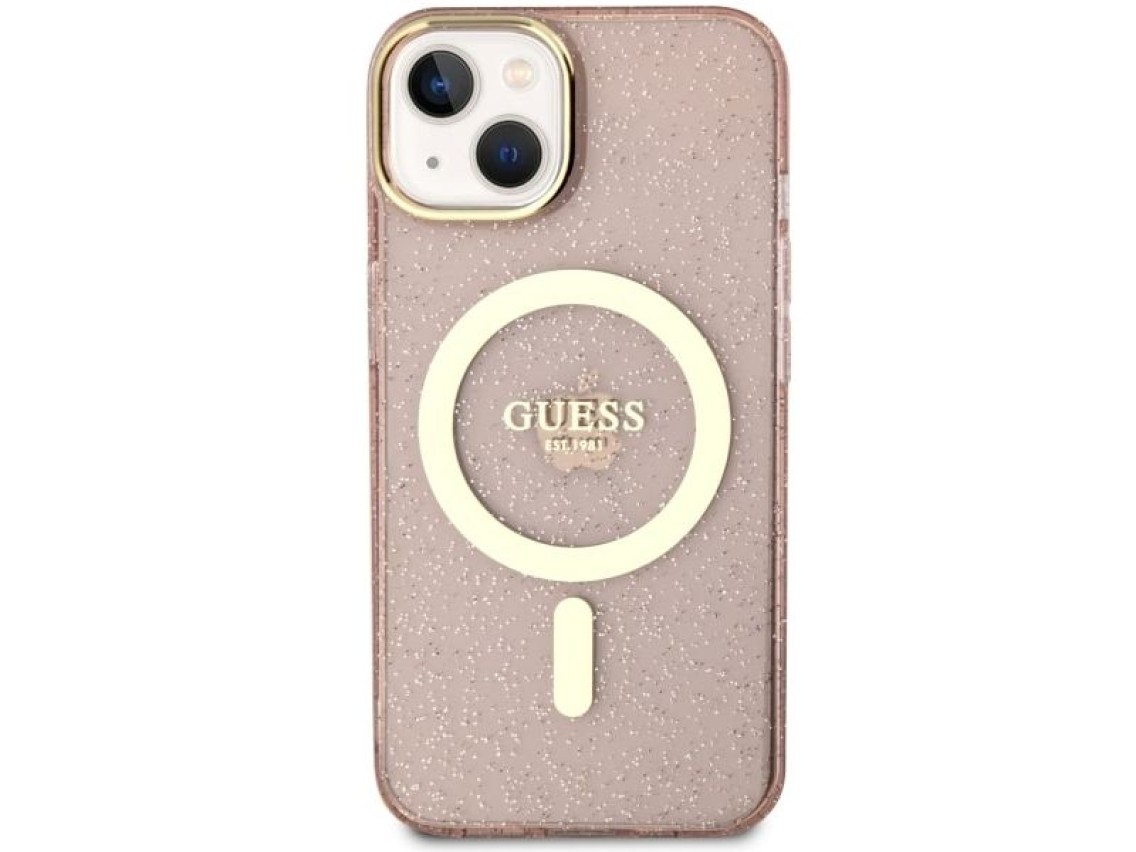Funda rígida Guess GUHMP14MHCMCGP para iPhone 14 Plus de 6,7" rosa/rosa con purpurina y MagSafe dora