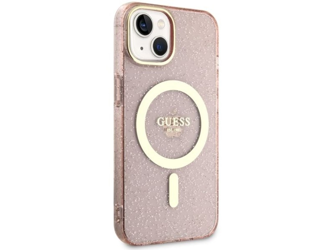 Funda rígida Guess GUHMP14MHCMCGP para iPhone 14 Plus de 6,7" rosa/rosa con purpurina y MagSafe dora