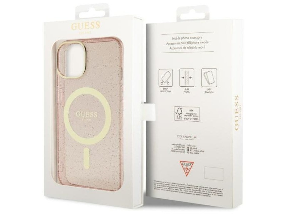 Funda rígida Guess GUHMP14MHCMCGP para iPhone 14 Plus de 6,7" rosa/rosa con purpurina y MagSafe dora