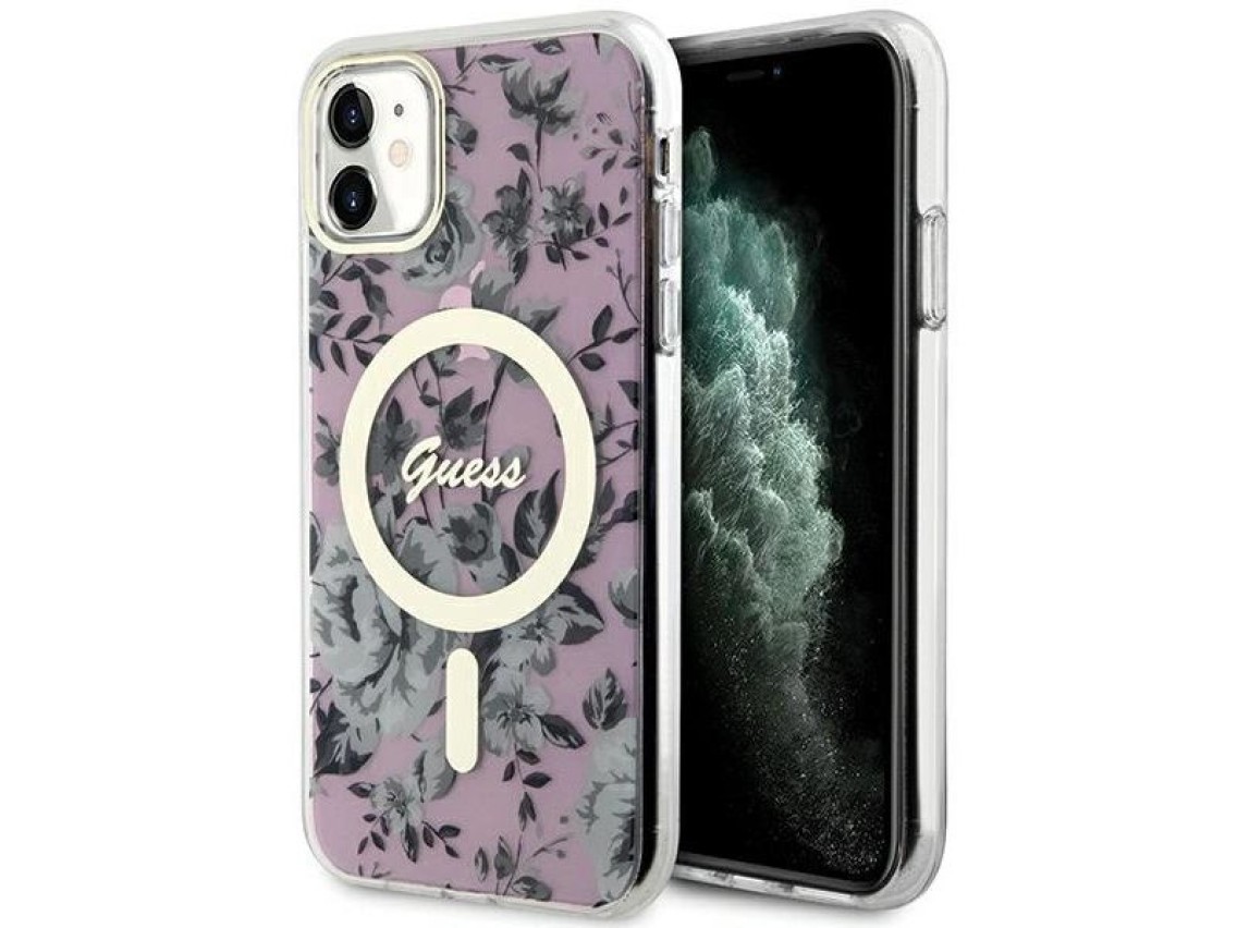 Capa rígida rosa com estampa floral MagSafe Guess GUHMN61HCFWSP para iPhone 11/Xr de 6,1 polegadas.