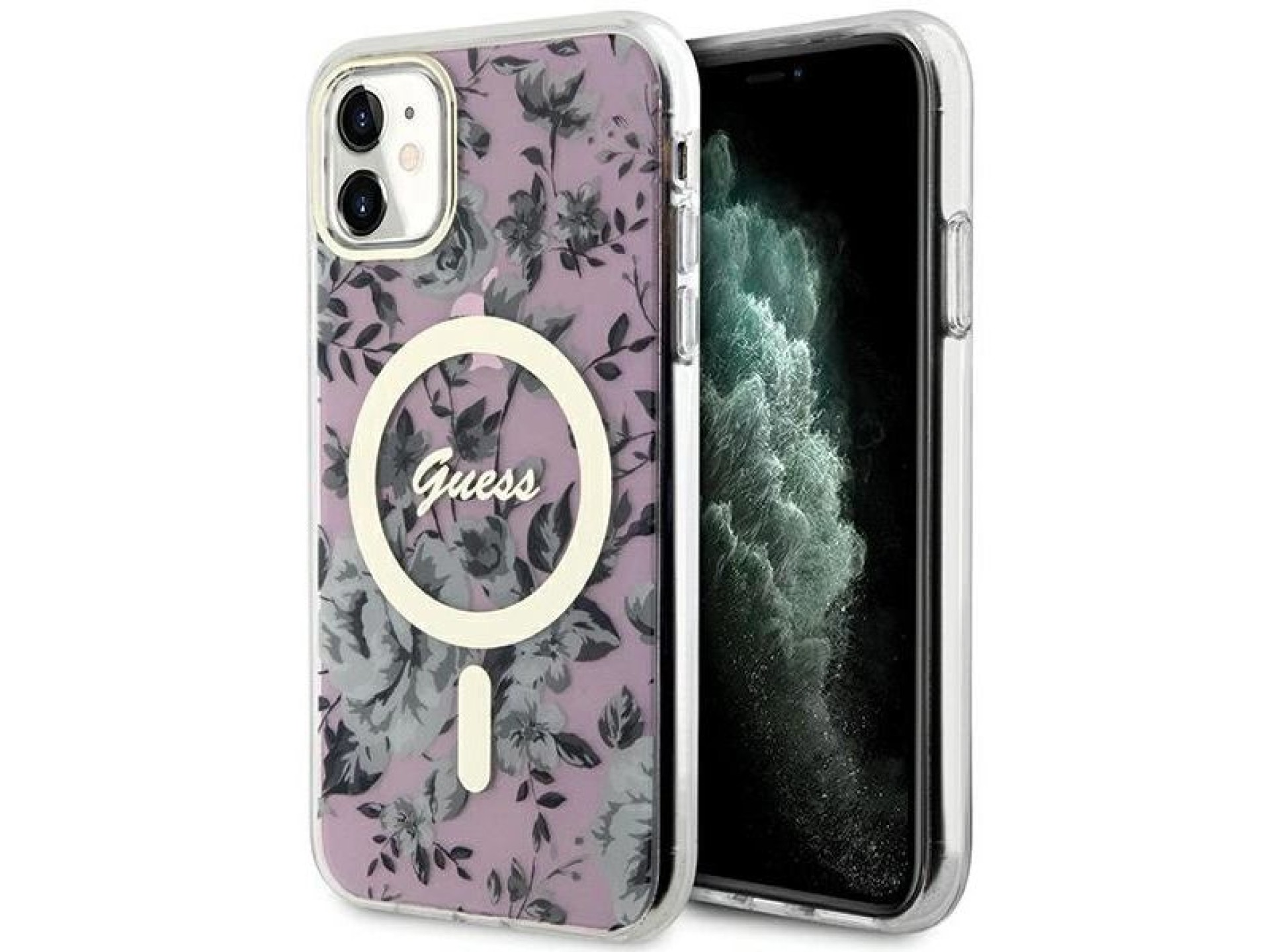 Capa rígida rosa com estampa floral MagSafe Guess GUHMN61HCFWSP para iPhone 11/Xr de 6,1 polegadas.