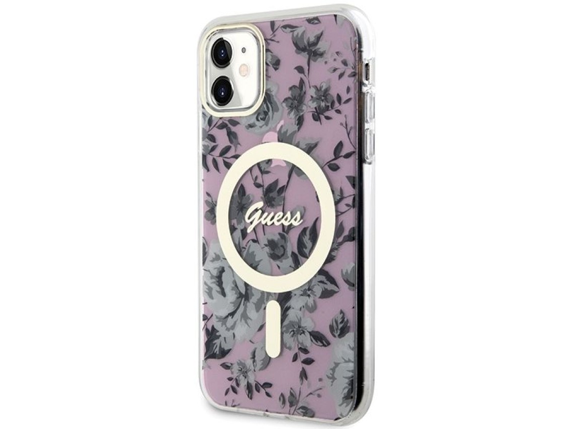 Capa rígida rosa com estampa floral MagSafe Guess GUHMN61HCFWSP para iPhone 11/Xr de 6,1 polegadas.