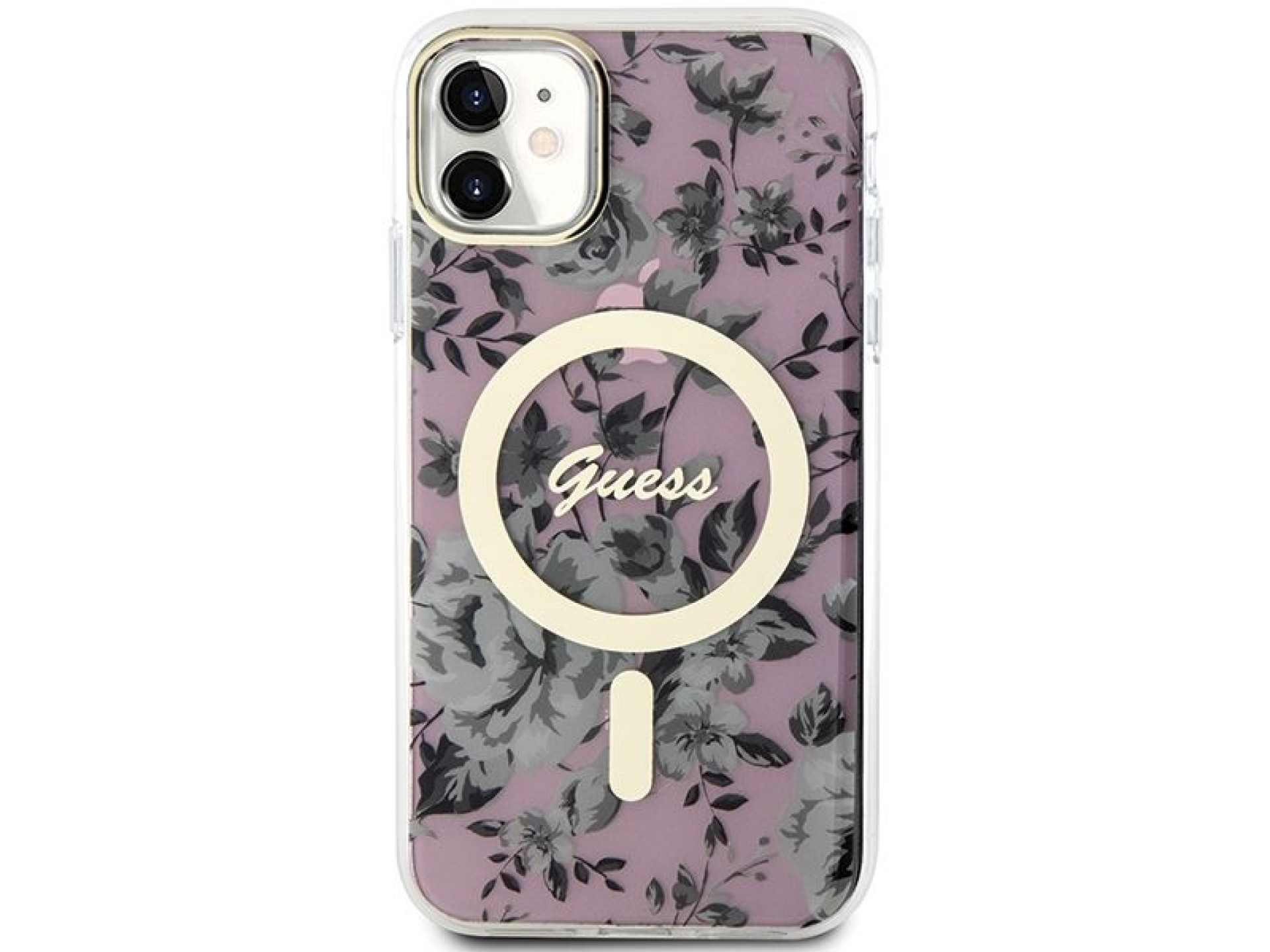 Capa rígida rosa com estampa floral MagSafe Guess GUHMN61HCFWSP para iPhone 11/Xr de 6,1 polegadas.