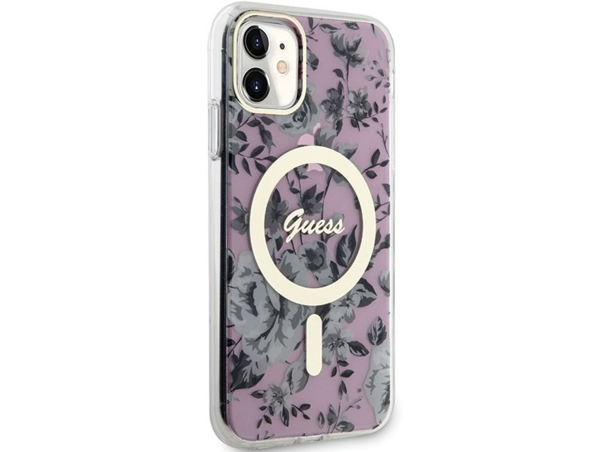 Capa rígida rosa com estampa floral MagSafe Guess GUHMN61HCFWSP para iPhone 11/Xr de 6,1 polegadas.