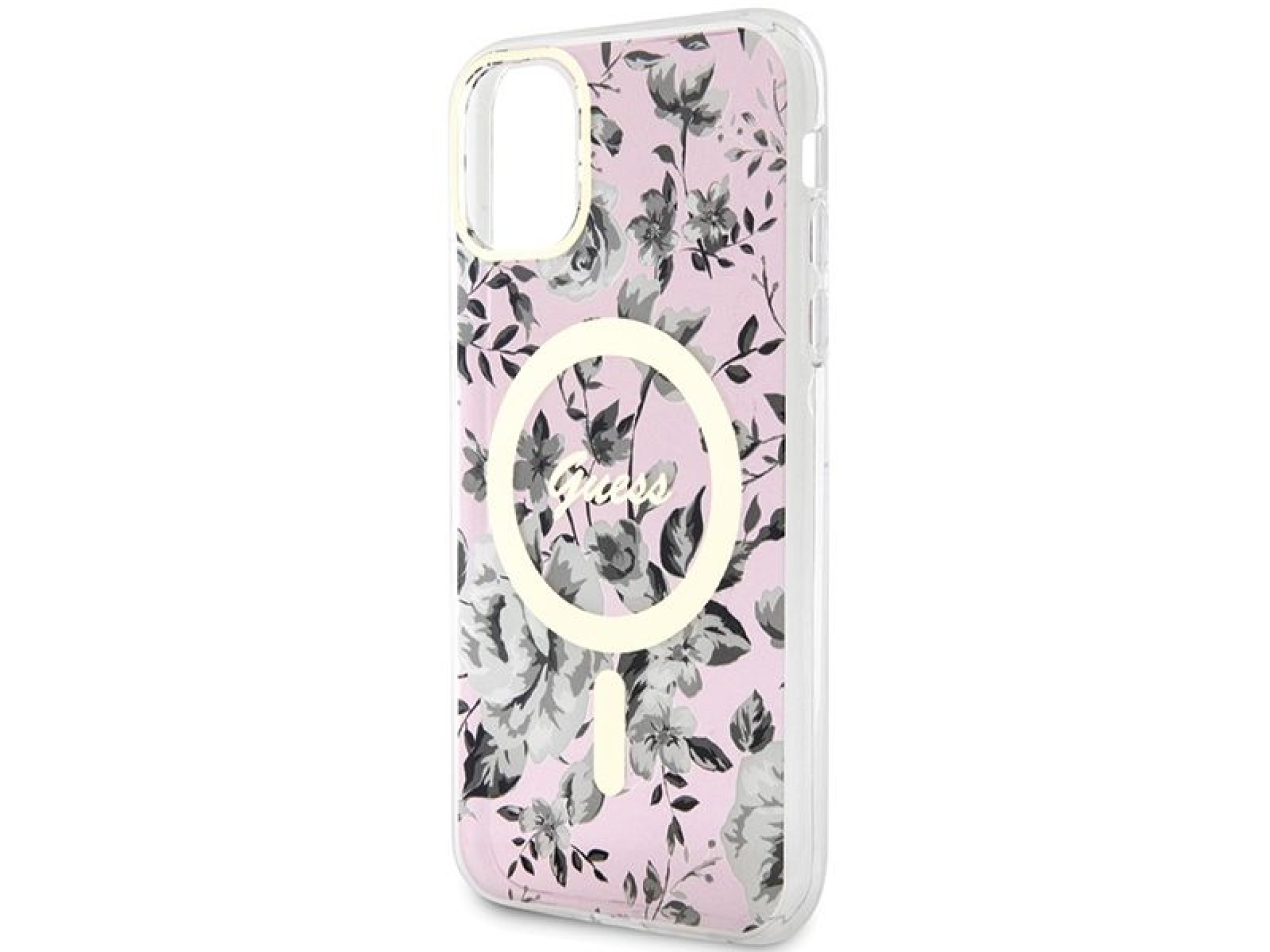 Capa rígida rosa com estampa floral MagSafe Guess GUHMN61HCFWSP para iPhone 11/Xr de 6,1 polegadas.