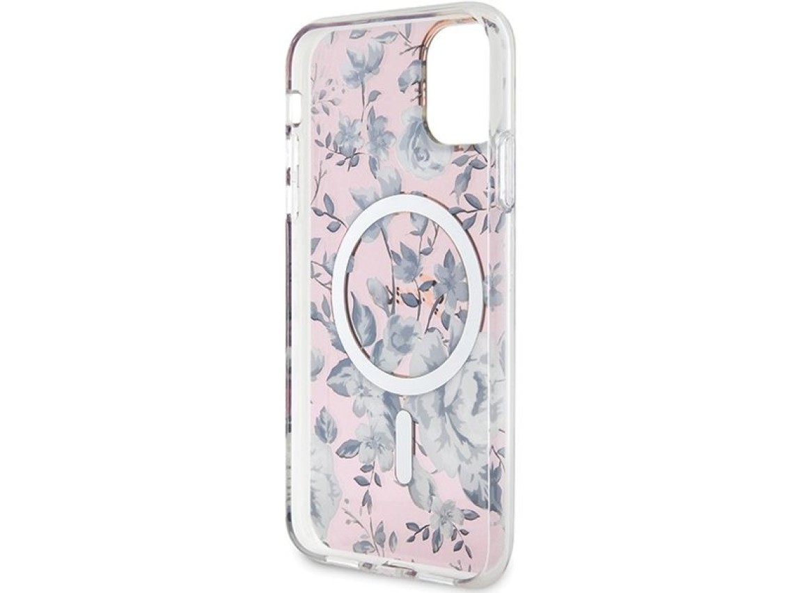 Capa rígida rosa com estampa floral MagSafe Guess GUHMN61HCFWSP para iPhone 11/Xr de 6,1 polegadas.