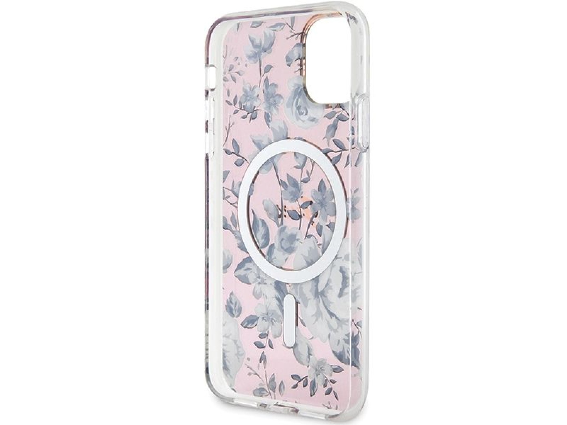Capa rígida rosa com estampa floral MagSafe Guess GUHMN61HCFWSP para iPhone 11/Xr de 6,1 polegadas.