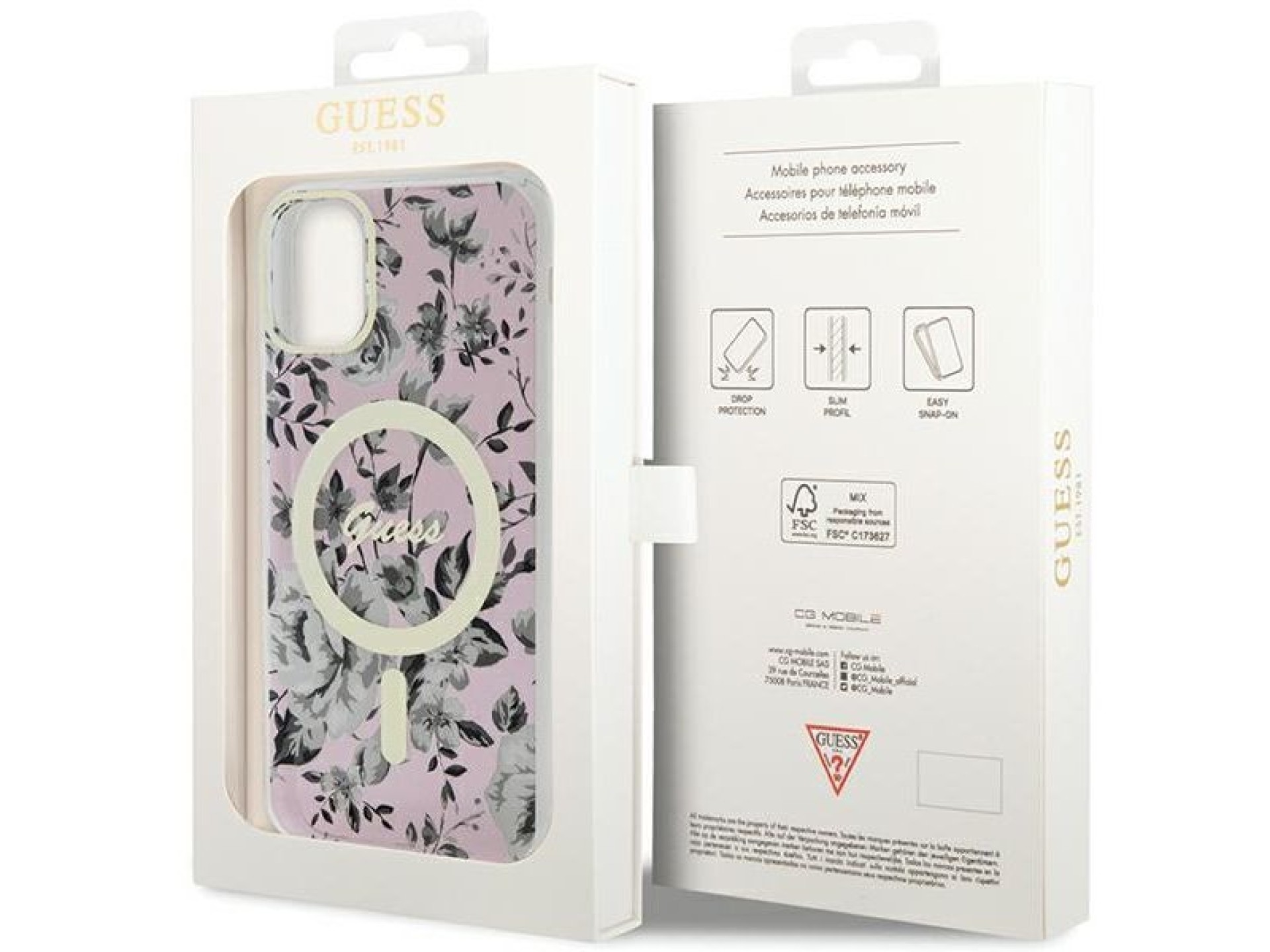 Capa rígida rosa com estampa floral MagSafe Guess GUHMN61HCFWSP para iPhone 11/Xr de 6,1 polegadas.