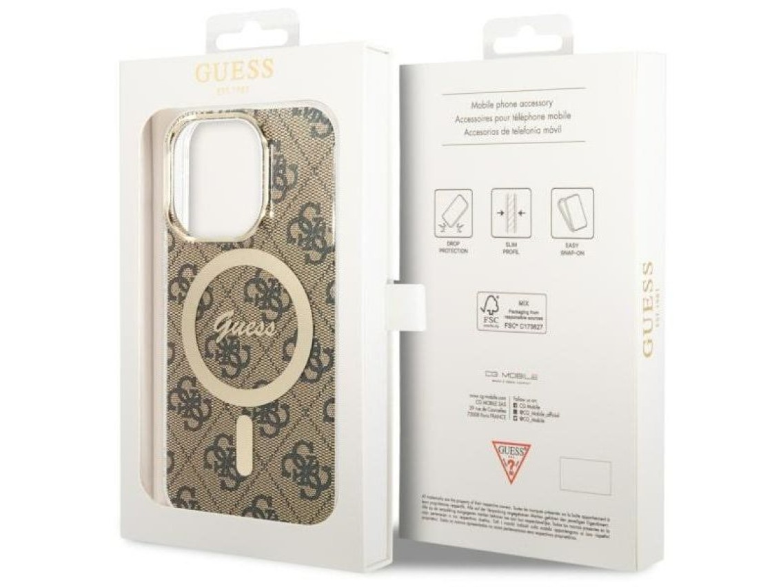 Funda rígida Guess GUHMP14LH4STW para iPhone 14 Pro de 6,1" color marrón/marrón, 4G y MagSafe.