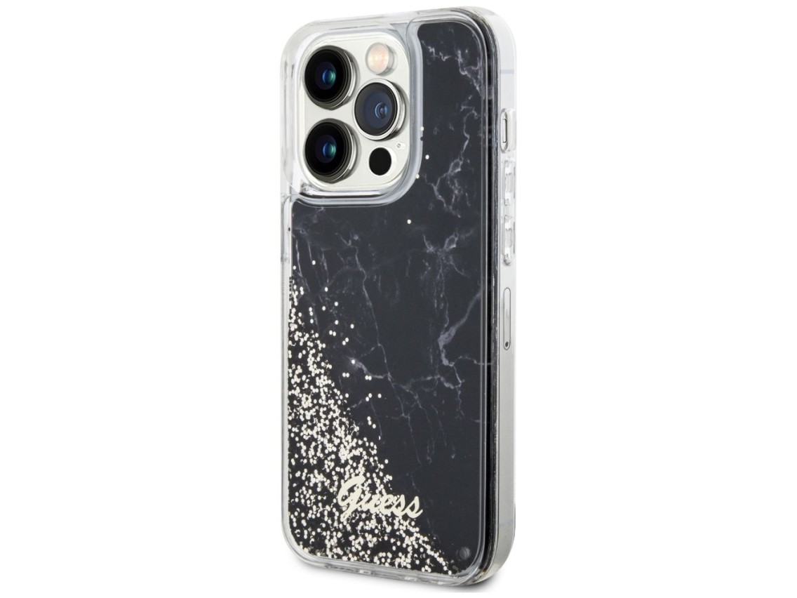 Capa rígida preta com glitter líquido marmorizado Guess GUHCP14LLCSGSGK para iPhone 14 Pro 6.1"