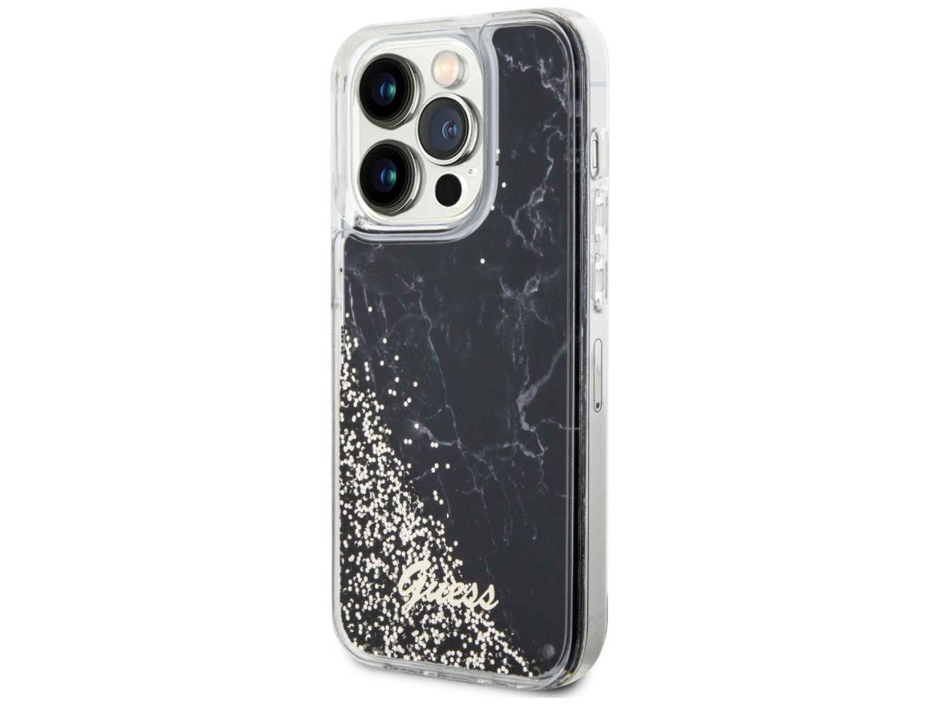 Capa rígida preta com glitter líquido marmorizado Guess GUHCP14LLCSGSGK para iPhone 14 Pro 6.1