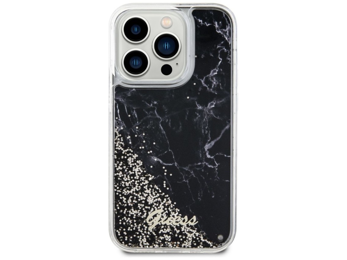 Capa rígida preta com glitter líquido marmorizado Guess GUHCP14LLCSGSGK para iPhone 14 Pro 6.1"