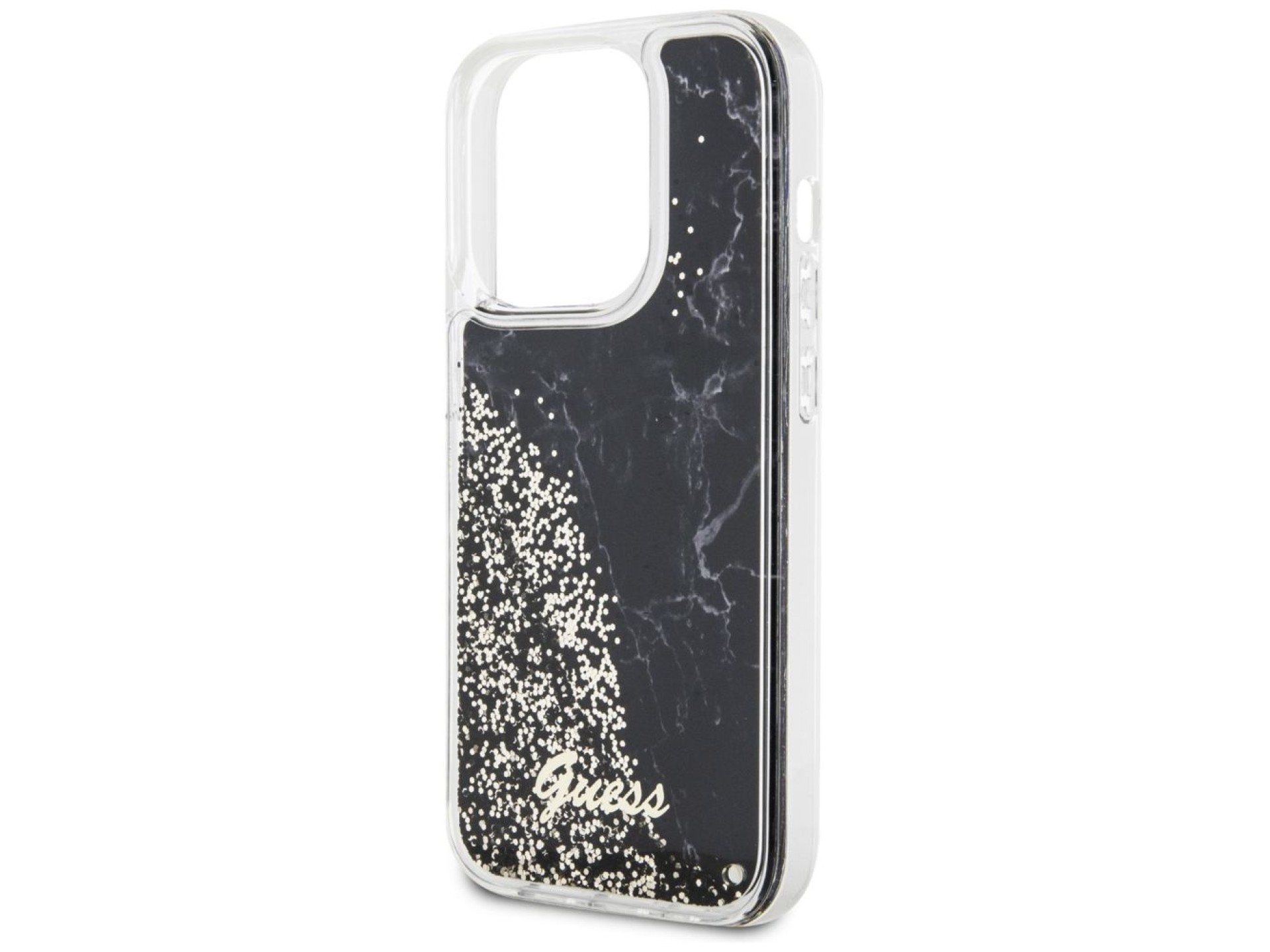 Capa rígida preta com glitter líquido marmorizado Guess GUHCP14LLCSGSGK para iPhone 14 Pro 6.1