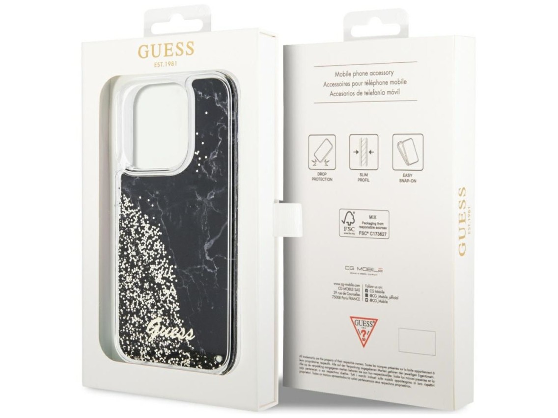 Capa rígida preta com glitter líquido marmorizado Guess GUHCP14LLCSGSGK para iPhone 14 Pro 6.1"