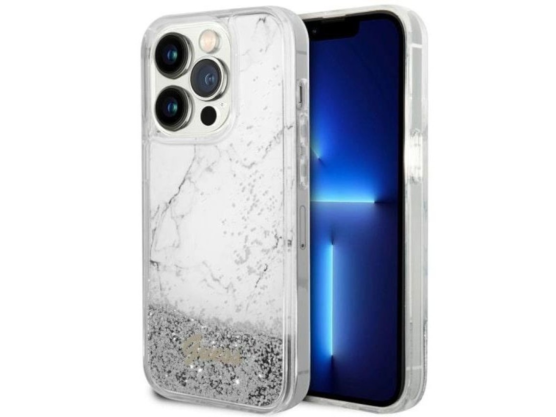 Capa rígida branca/branca com glitter líquido marmorizado Guess GUHCP14LLCSGSGH para iPhone 14 Pro d