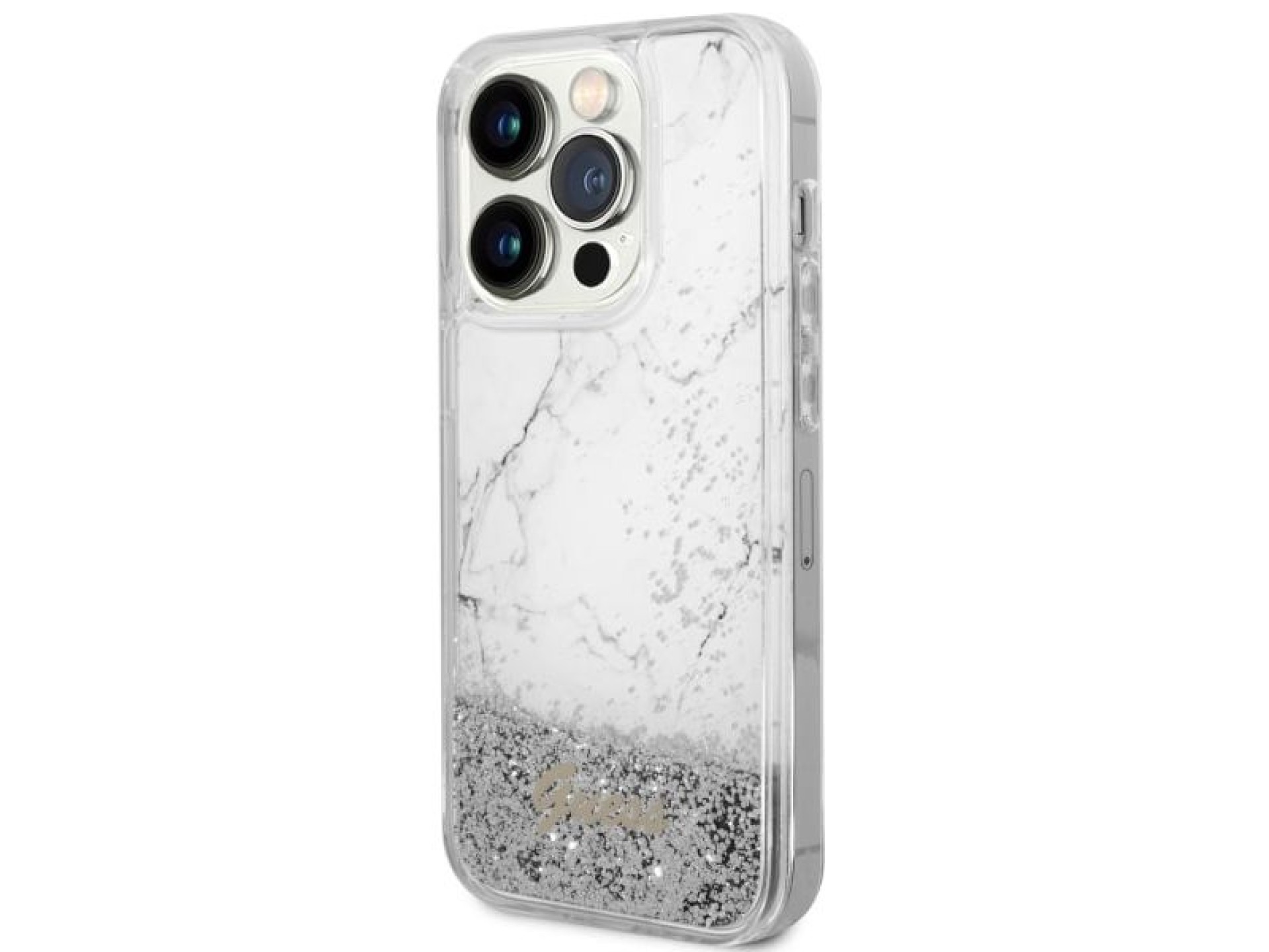 Capa rígida branca/branca com glitter líquido marmorizado Guess GUHCP14LLCSGSGH para iPhone 14 Pro d